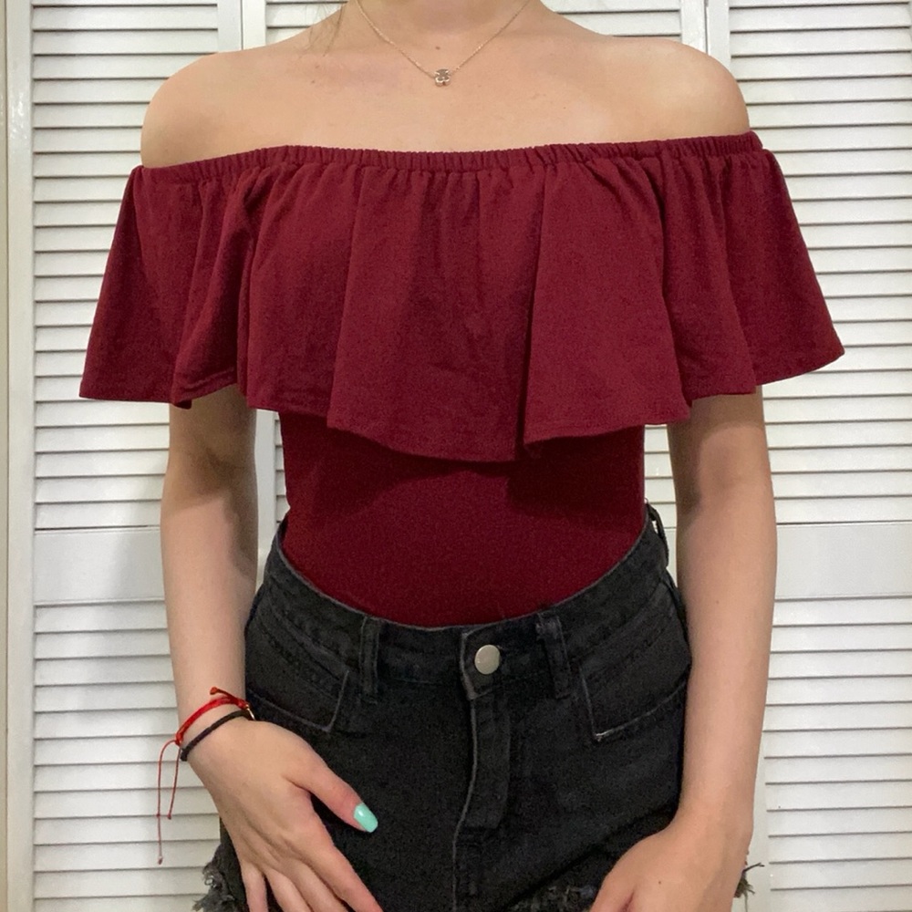Maroon off the shoulder bodysuit